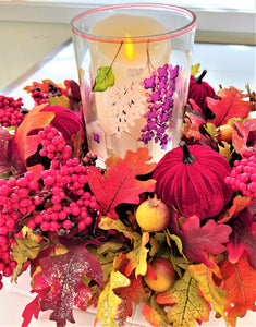 Fall Centerpiece-Berry Extravaganza 19" Diameter X 5" H Stained Glass Hurricane 6" H X 5" W