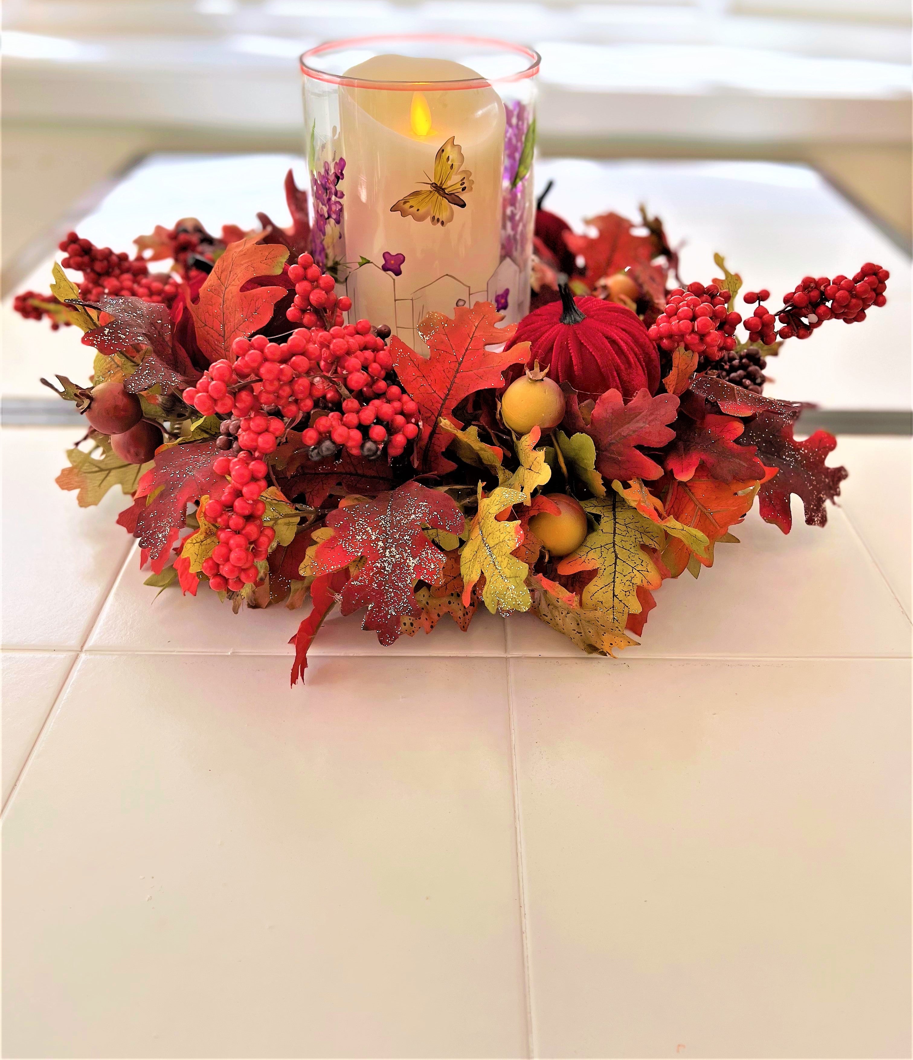 Fall Centerpiece-Berry Extravaganza 19" Diameter X 5" H Stained Glass Hurricane 6" H X 5" W