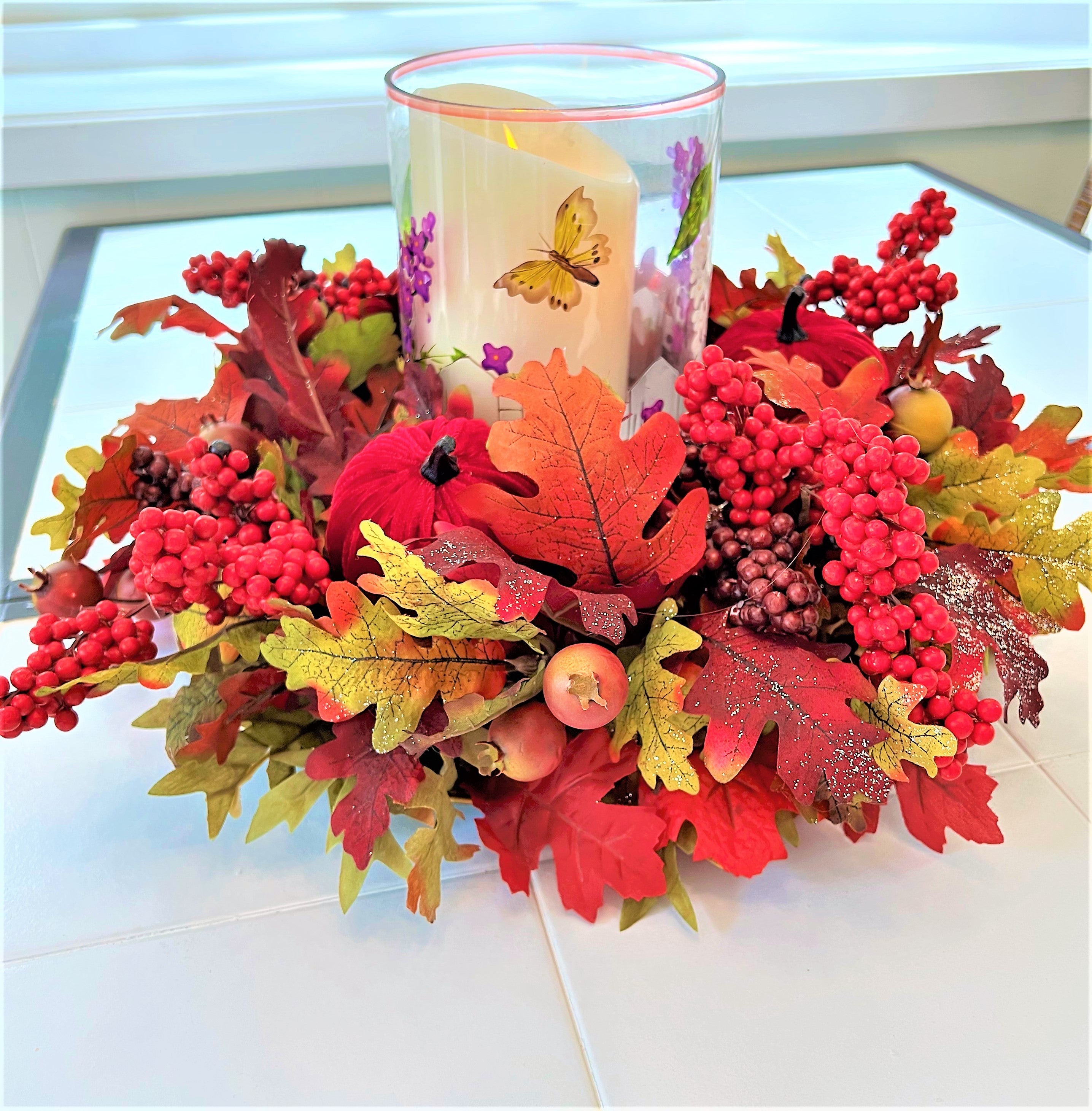 Fall Centerpiece-Berry Extravaganza 19" Diameter X 5" H Stained Glass Hurricane 6" H X 5" W