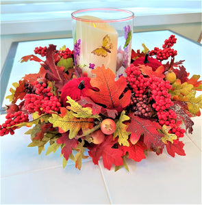 Fall Centerpiece-Berry Extravaganza 19" Diameter X 5" H Stained Glass Hurricane 6" H X 5" W