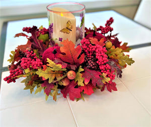 Fall Centerpiece-Berry Extravaganza 19" Diameter X 5" H Stained Glass Hurricane 6" H X 5" W