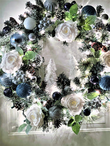 Deck The Hall -White Christmas Wreath With Lights  26 " Diameter