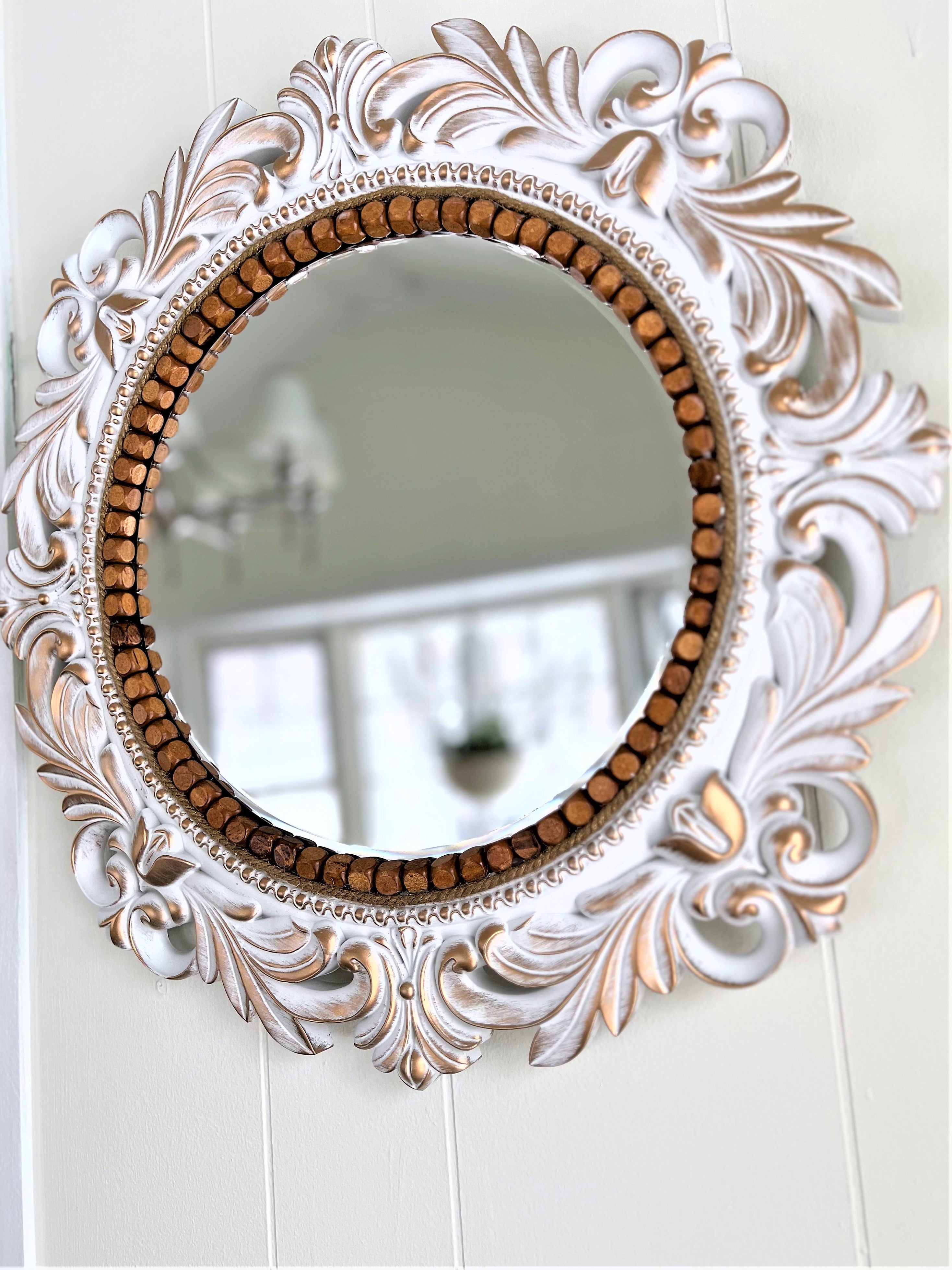 Ornate Distress Gold-White Mirror 20 " Round Frame  X 12 Mirror