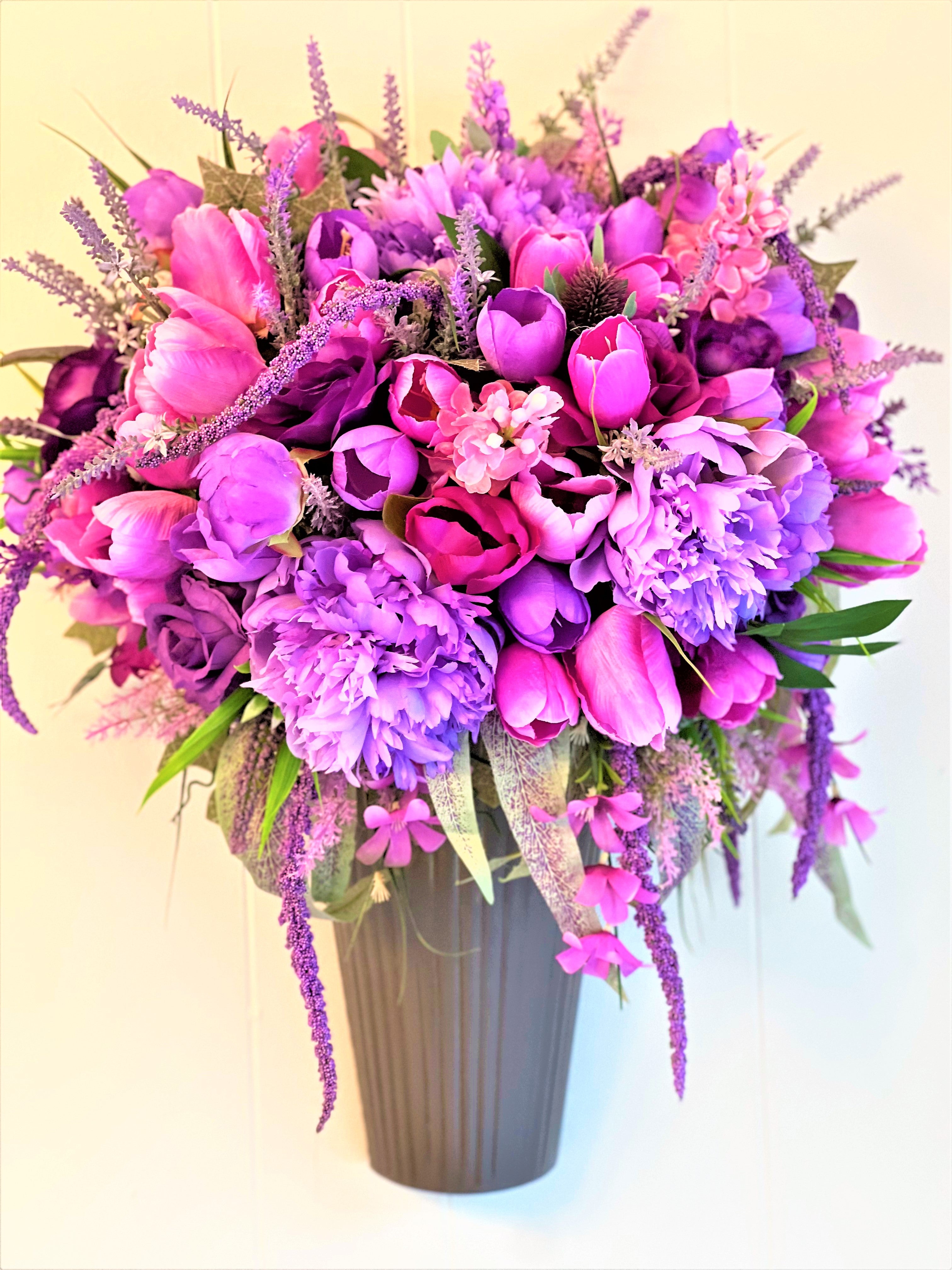 Hanging Metal Basket Wreath - Lavender-Purple Rose-Tulip  22"LX20W X 12" Depth