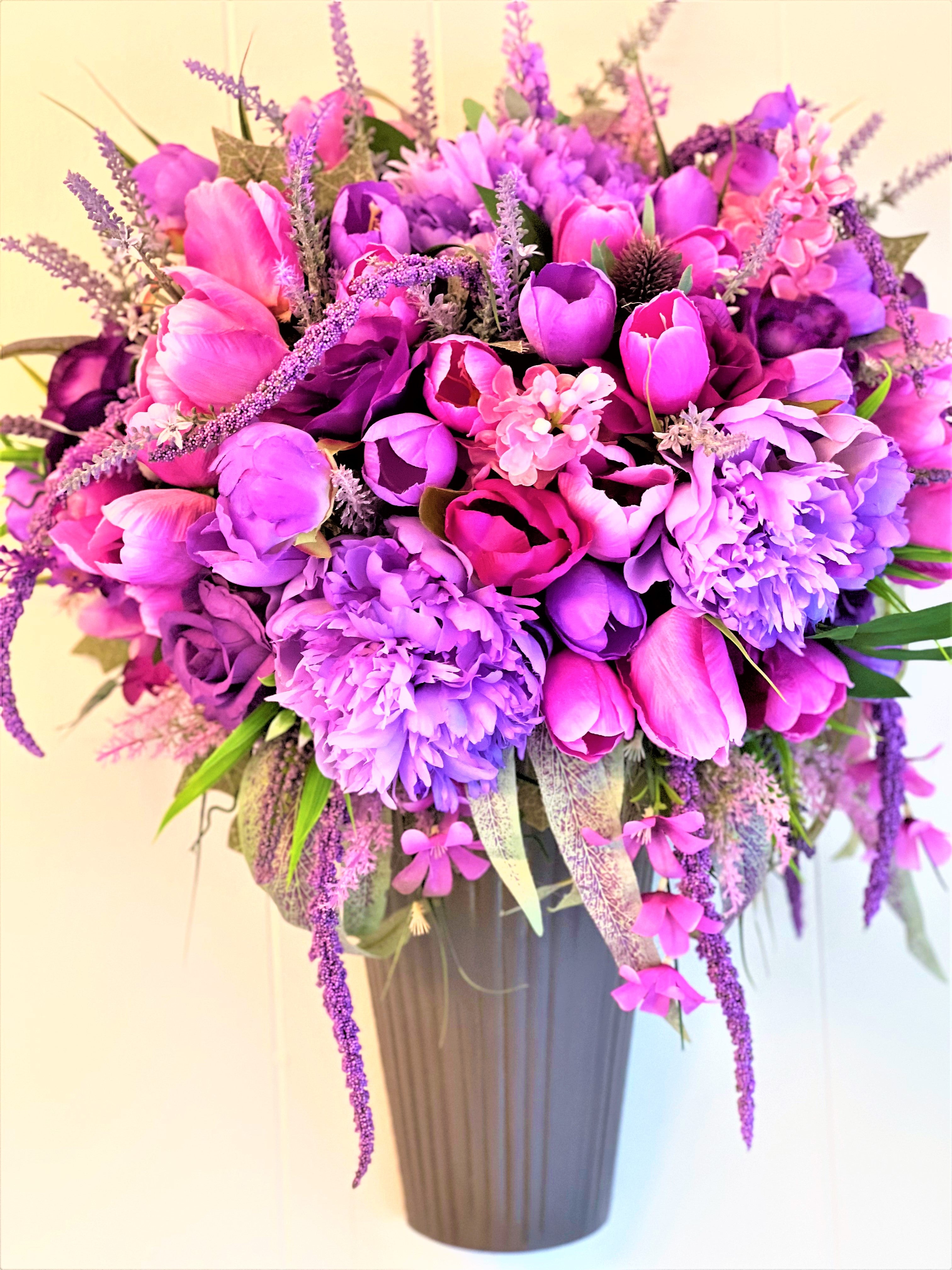 Hanging Metal Basket Wreath - Lavender-Purple Rose-Tulip  22"LX20W X 12" Depth