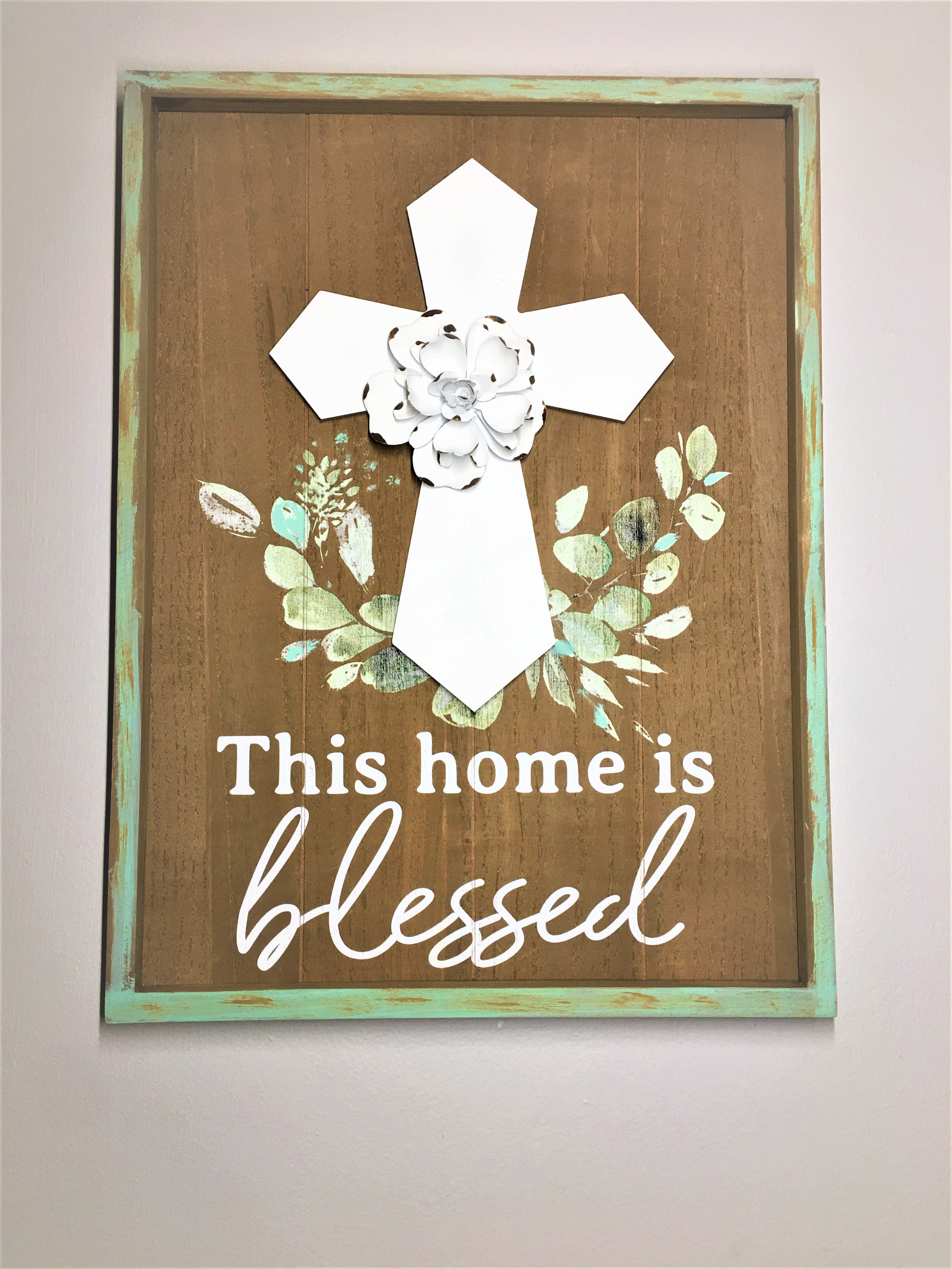 This Home is Blessed Wood Sign with Cross- Wall Art  15.5L X 12" W
