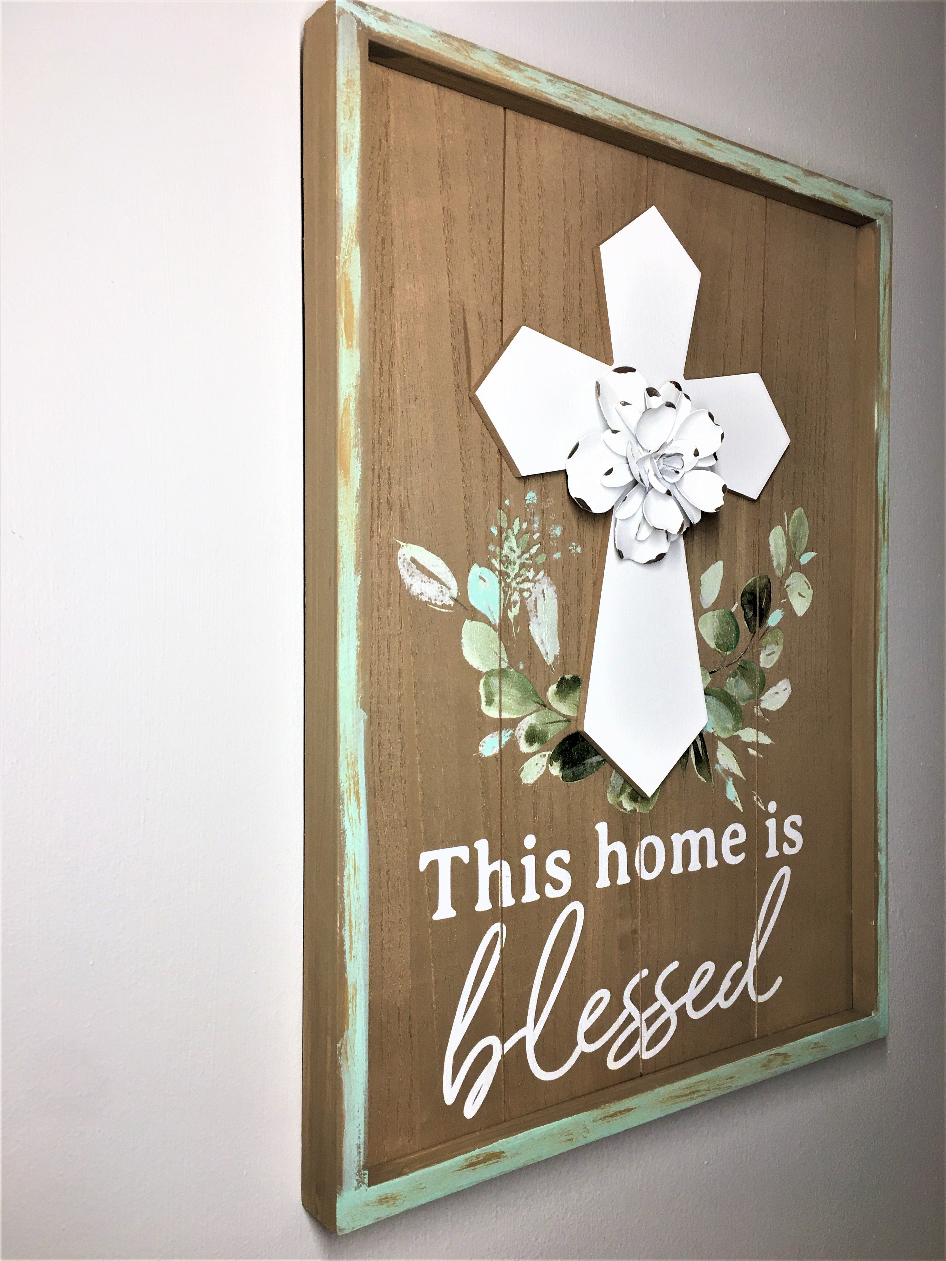 This Home is Blessed Wood Sign with Cross- Wall Art  15.5L X 12" W