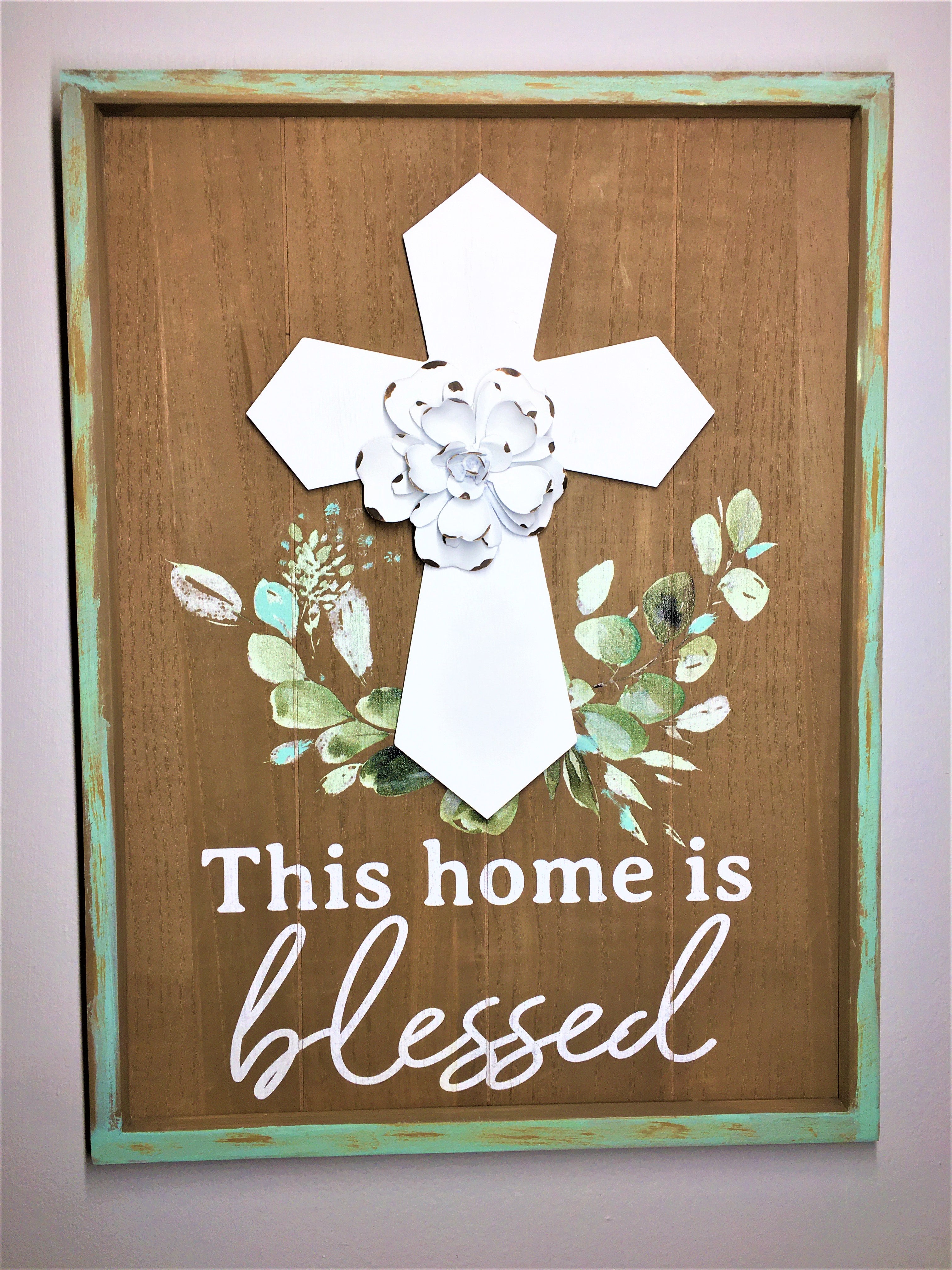 This Home is Blessed Wood Sign with Cross- Wall Art  15.5L X 12" W