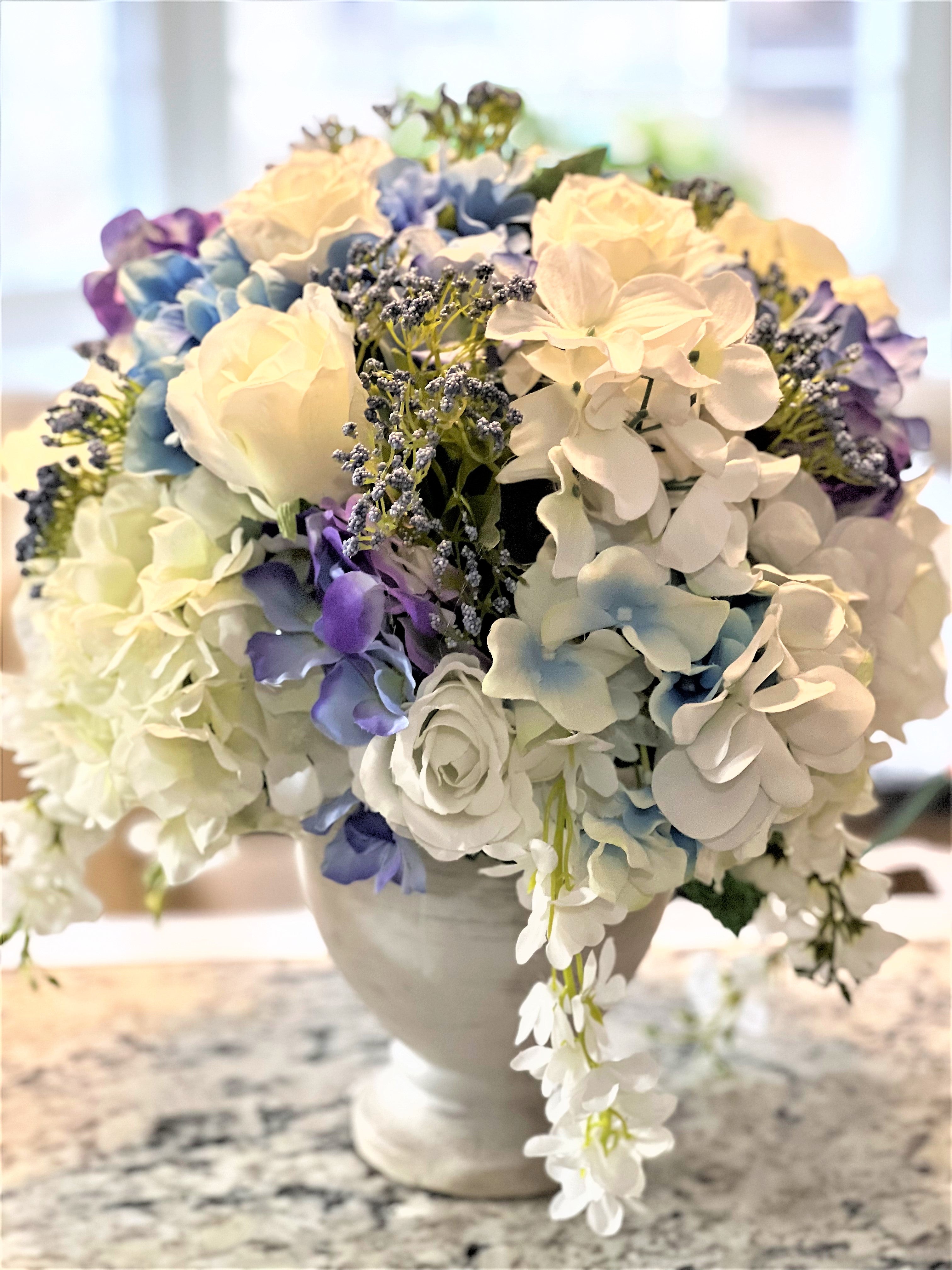 Centerpiece, Hydrangea Table Centerpiece, 16" Diameter, X 16" Wide X 8 " Vase