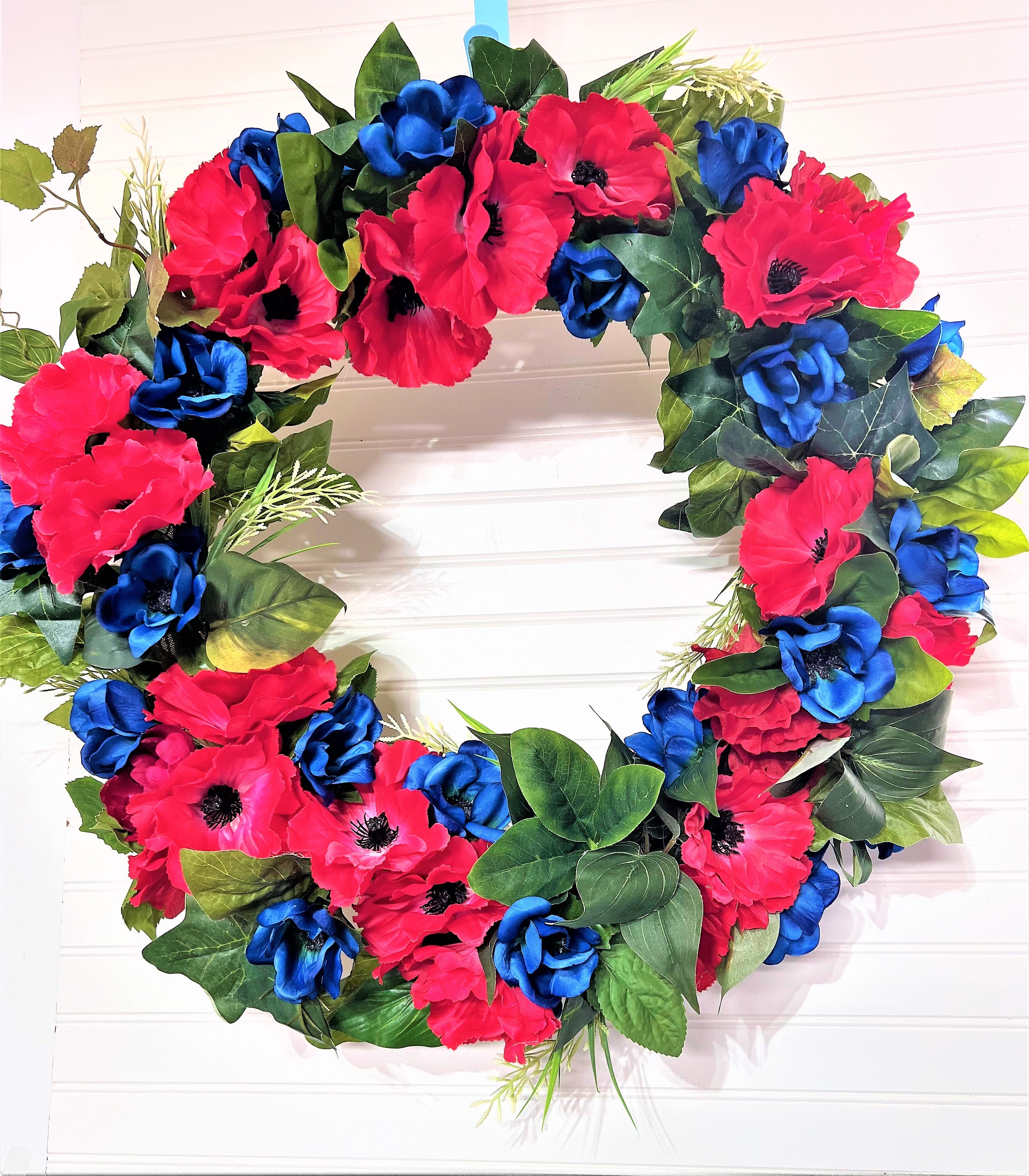 Red Poppy Anemone Wreath 28"