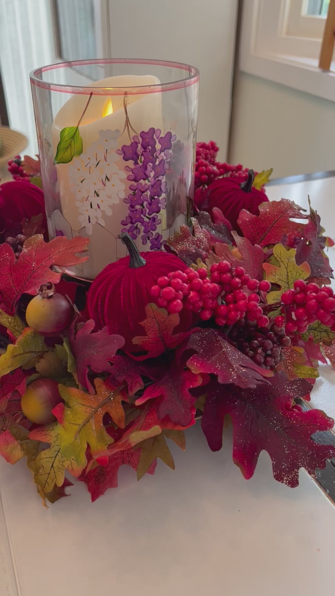 Fall Centerpiece-Berry Extravaganza 19" Diameter X 5" H Stained Glass Hurricane 6" H X 5" W