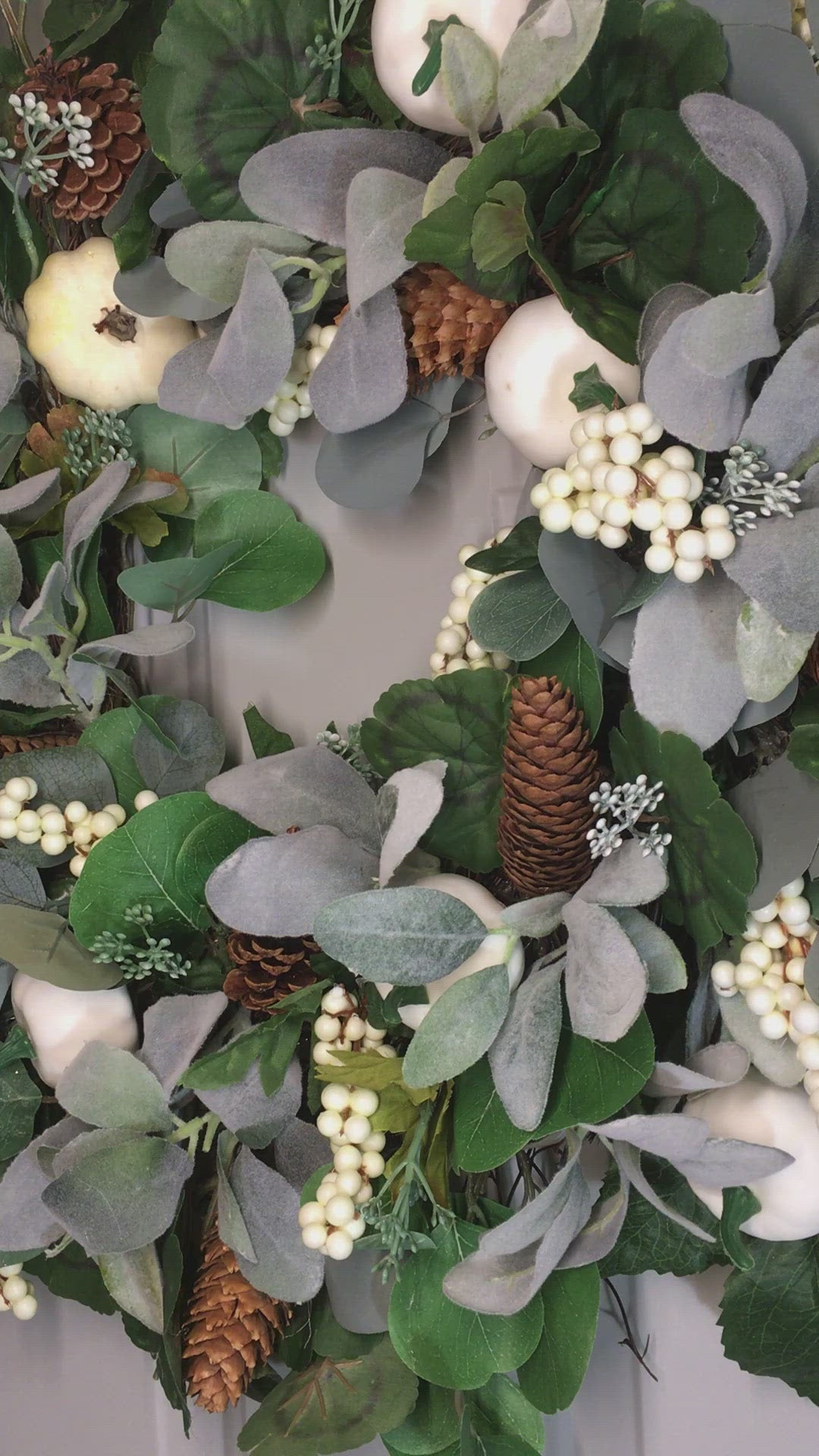 Cream/White Pumpkin, Eucalyptus, Lamb's Ear, And Berries Fall Front Door Wreath 26"
